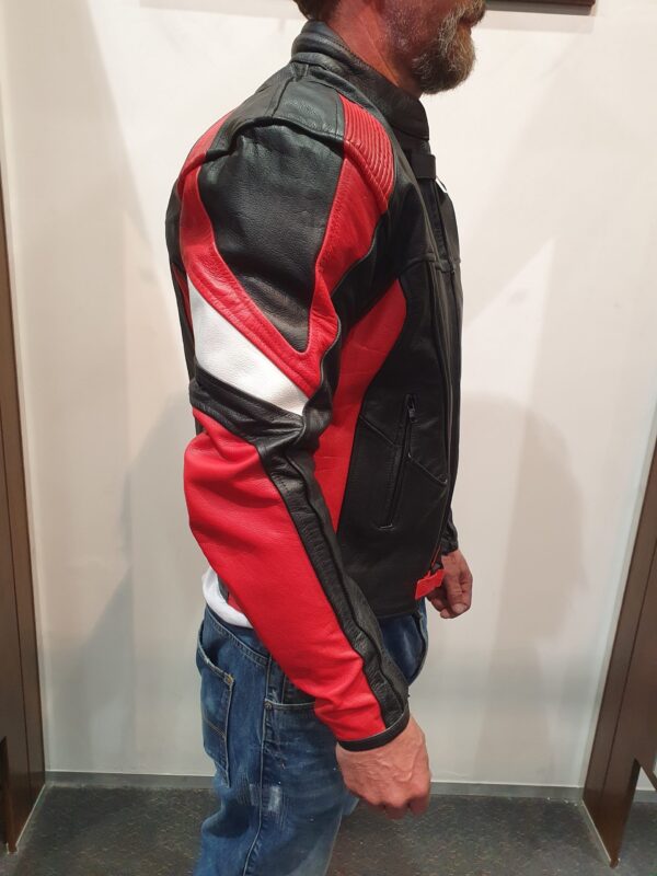 red and black biker jacket