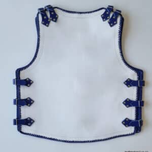 White leather vest with blue straps