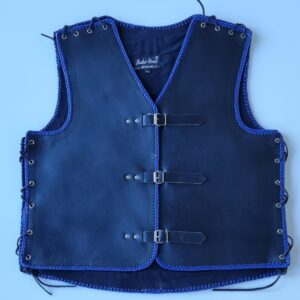 Thick black leather vest with blue braids