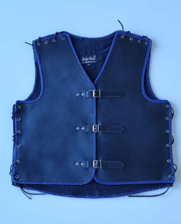 Thick black leather vest with blue braids