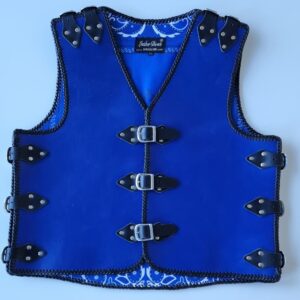 Blue leather vest with black straps